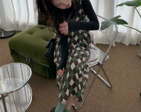 MINGBO 复古绿菱格无袖背带裙做旧感v...