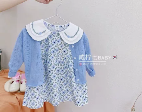 女童田园风蓝色针织碎花连衣裙套装 80码
