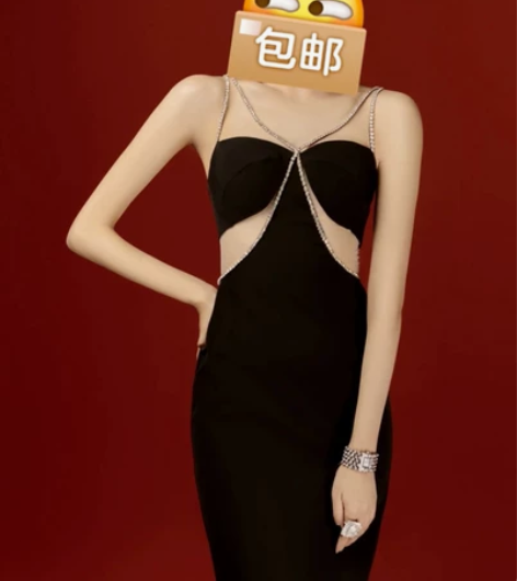 倪妮同款礼服 赫本风黑色性感露背吊带连衣裙...