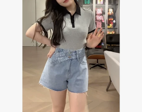 大码高腰牛仔短裤女夏季胖mm小个子设计感小...