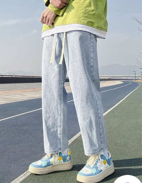 牛仔裤 牛仔裤子新塘男浅色松紧腰宽松直筒休...