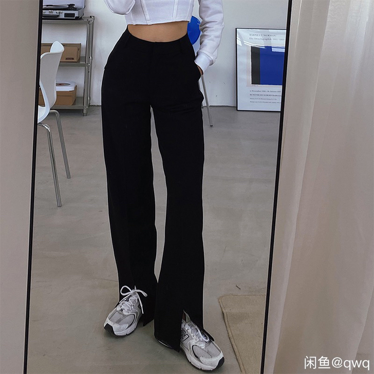 前开叉西装裤女宽松直筒高腰垂感黑色阔腿裤显...