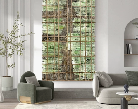 墙画壁画纯手绘油画侘寂风挂画绿色竹编实物装...