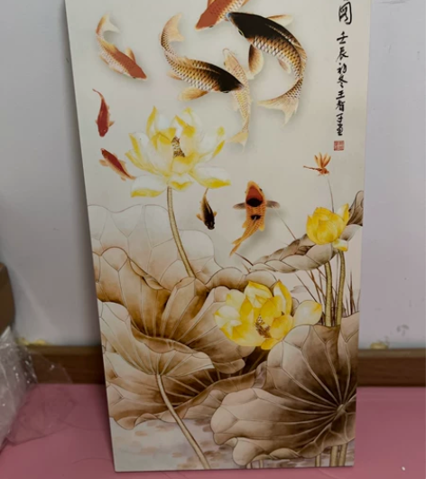 ?玄关荷花九鱼图装饰画 客厅餐厅无框画 竖...