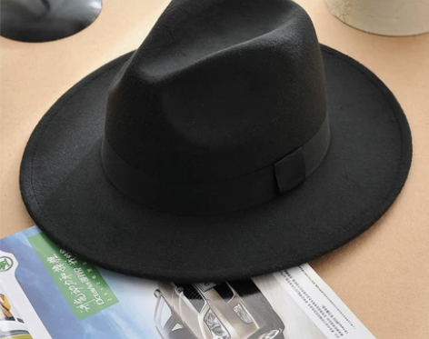 欧美秋冬季毛呢礼帽女 复古英伦黑色大檐爵士...