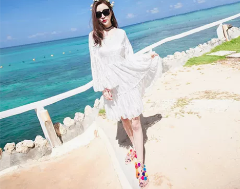 【年终盛典价】沙滩裙女夏2019新款喇叭袖...