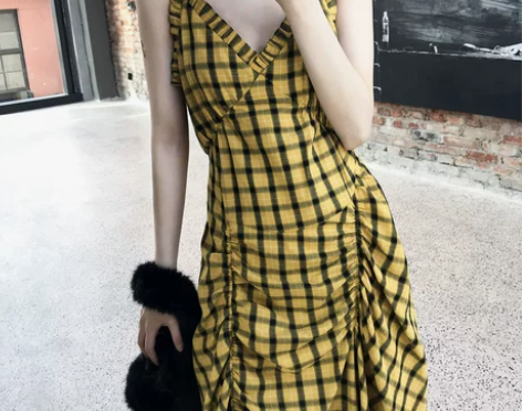 ZZ名品春季女装2018新款黄色格子连衣裙...