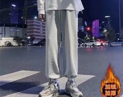 高质量加绒束脚运动裤男春秋宽松韩版百搭休闲...