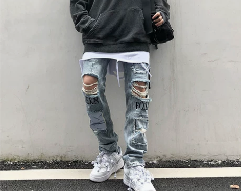 欧美高街国潮裤子潮kanye刮烂乞丐修身小...