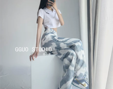 欧美扎染裤子女夏季辣妹阔腿裤高腰显瘦直筒宽...