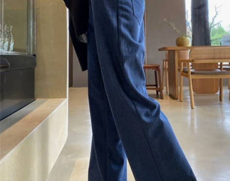 Ley2022早秋丹宁长裤复古竖纹高腰直筒...