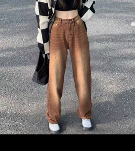 WARDROBE美式高腰阔腿裤女春秋棕色设...