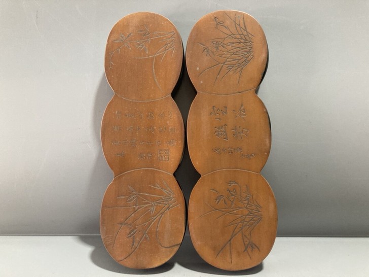 古玩收藏珍品 檀木镶嵌竹簧刻字镇纸一对 兰...