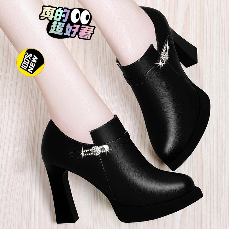 尖头粗跟单鞋女2021秋冬新款韩版厚底防水...