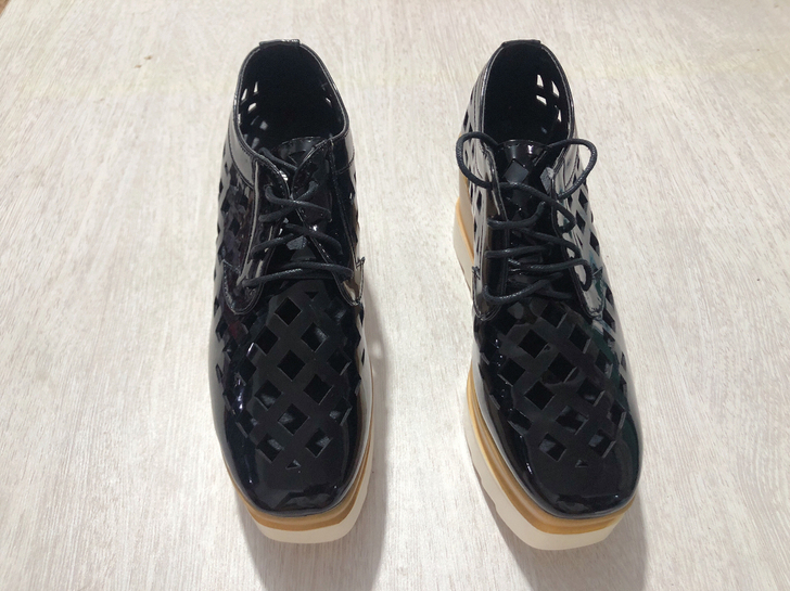 38码厚底松糕单鞋透气镂空坡跟女鞋欧美系带...