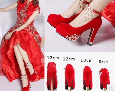 中式婚鞋女2018新款红色高跟鞋结婚鞋子新...