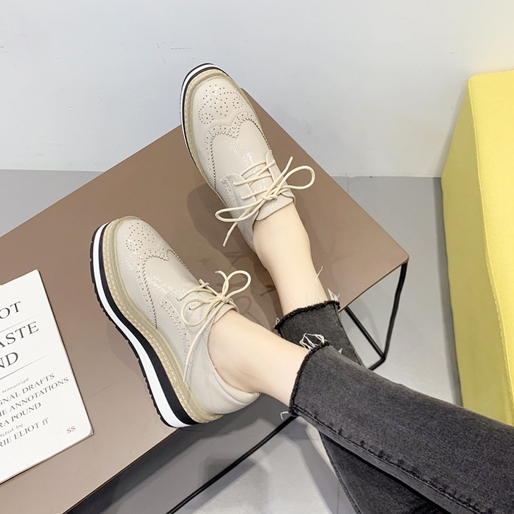 香港新款松糕鞋女厚底英伦风百搭增高圆头系带...