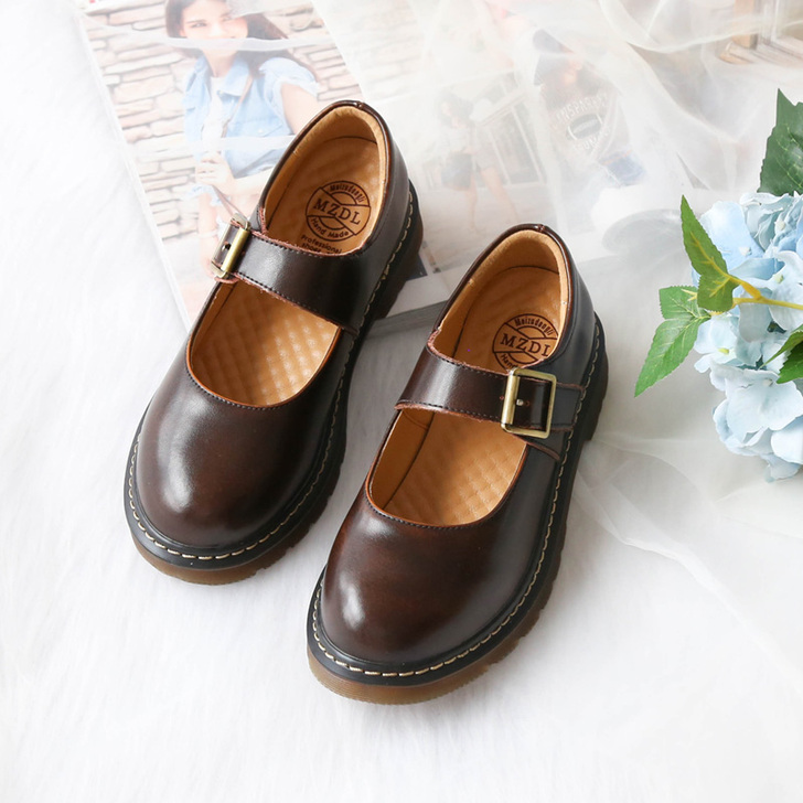 学院风真皮小皮鞋圆头可爱平底娃娃鞋学生浅口...