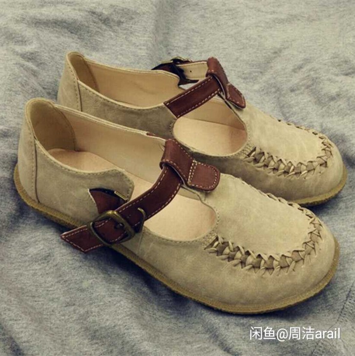 日系森林系文艺复古单鞋一字扣小皮鞋大头平底...