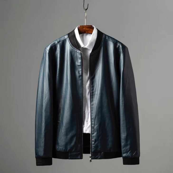 69包邮！海家湖蓝色棒球领pu皮夹克外套