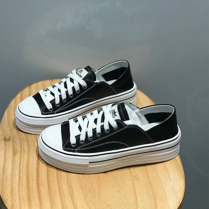 秋款女鞋2019新款松糕鞋女厚底系带真皮踩...