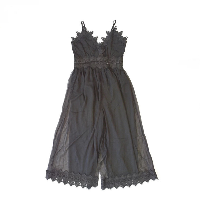 夏季立体蕾丝高腰V领吊带雪纺连体裤阔腿长裤...