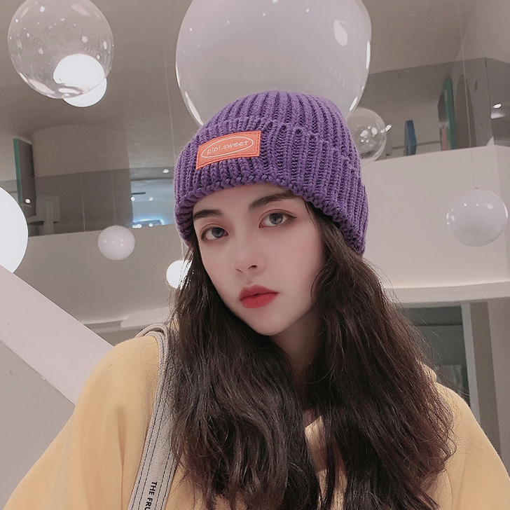 紫色嘻哈针织毛线帽子女秋冬季欧美韩版百搭i...