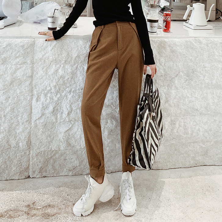 【100元2件】裤子女毛呢法式工装裤高腰显...