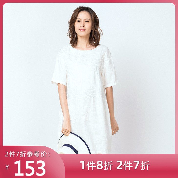 布景连衣裙女通勤简约风圆领短袖绣花素色亚麻...