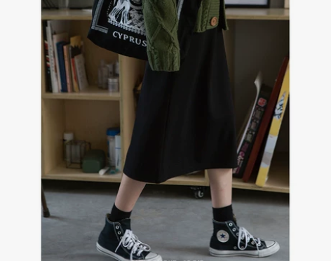 黑色开叉半身裙秋冬女中长款高腰直筒半裙显瘦...