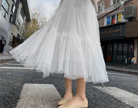 蛋糕裙半身裙秋冬女高腰中长款木耳边蓬蓬裙a...