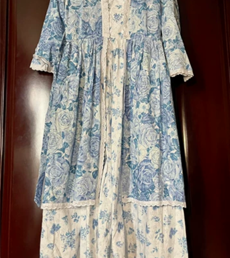vintage大童蓝色碎花玫瑰花公主风假两...