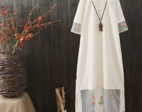 原创复古中国风棉麻连衣裙女短袖民族风茶服盘...