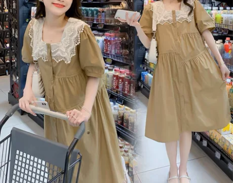 娃娃领泡泡袖连衣裙夏小清新清纯甜美学院风法...