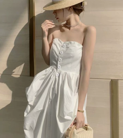 法式小众一字领露肩抹胸连衣裙单排扣收腰衬衫...