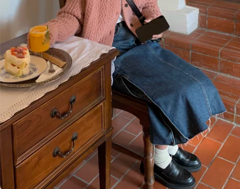 RAINY自制 秋冬中长款A字裙做旧复古毛...