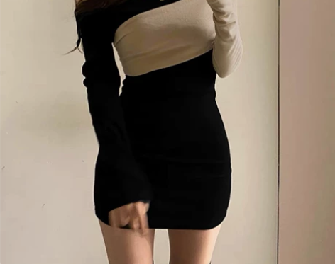 Amyway撞色拼接露肩性感露锁骨连衣裙心...