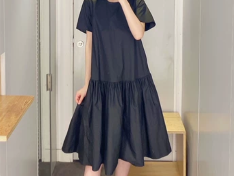 极简JNB江南风黑色气质纯棉A型垂感褶皱连...