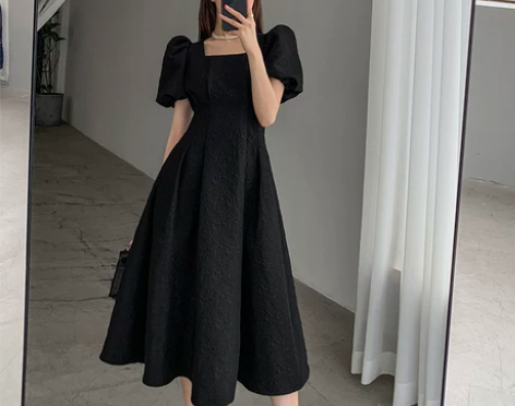 FT GUOGE黑色泡泡袖连衣裙女2022...