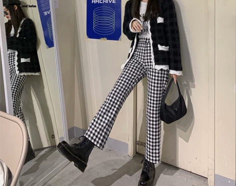 chic韩版气质直筒裤新款复古黑白格子裤女...