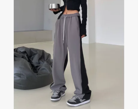 拼接运动休闲裤显瘦直筒裤子宽松垂感拖地阔腿...