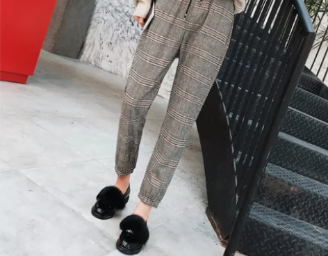 春秋 女 裤 格子 抽绳哈伦裤，L码，90...