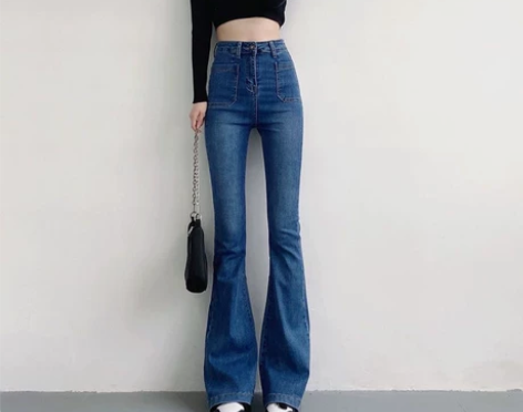 复古深蓝色高腰显瘦微弹软牛仔喇叭长裤女 面...