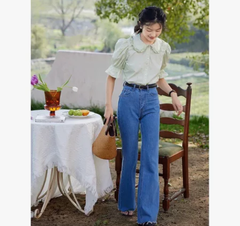 气质高腰显瘦百搭浅蓝色喇叭牛仔裤,L码,腰...