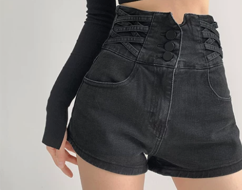 黑色牛仔短裤女夏季大码高腰显瘦弹力设计感a...