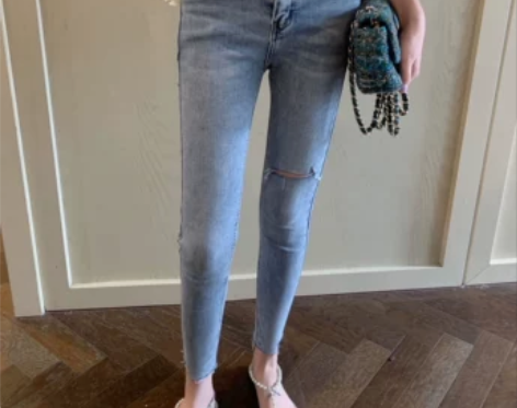 ?高腰破洞牛仔裤女2021年春夏新款浅色九...