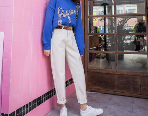 米白色裤子女秋冬高腰老爹裤宽松加绒直筒牛仔...