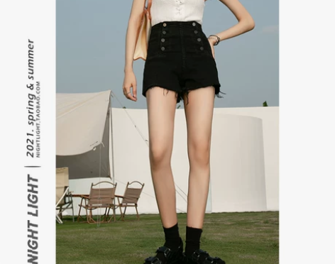 黑色高腰牛仔短裤女夏季薄双排扣内隐形拉链毛...