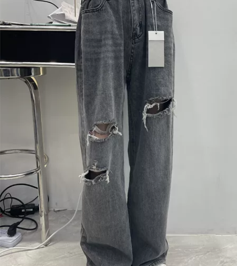 OoH_Hha灰色薄款毛边设计高腰宽松破洞...