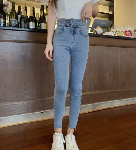 钱夫人家 不规则高腰紧身牛仔裤子女韩版显瘦...